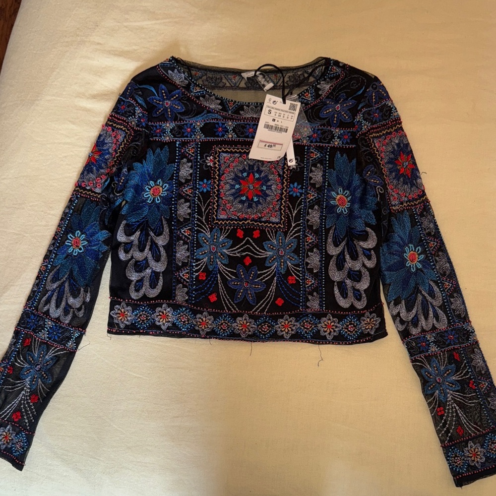 Zara Embroidered Long Sleeve Crop Top - Black and Blue